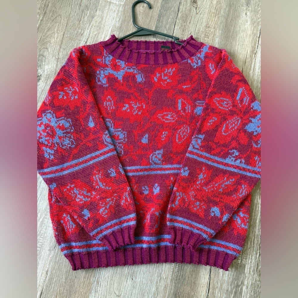 VTG IVY Hand Knit Pullover Sweater Fuschia Red Puffy Sleeves 80s 90s Floral M
